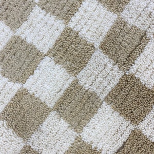 Narrow Moroccan checkered runner rug beige and white