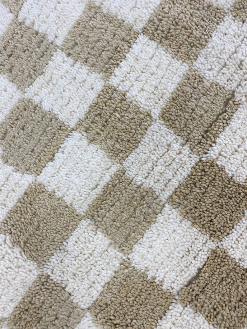 Narrow Moroccan checkered runner rug beige and white
