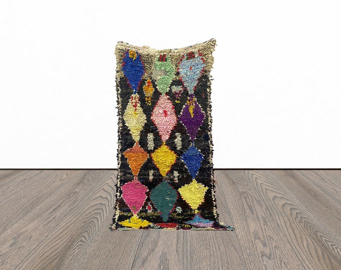 Boucherouite moroccan rug, 3x7 feet tribal area rug, berber woven rug, vintage unique rug.