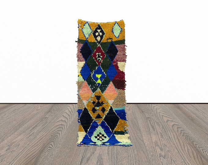 Boucherouite runner rug, 2x7vintage runner rug, moroccan berber rug, colorful runner rug.