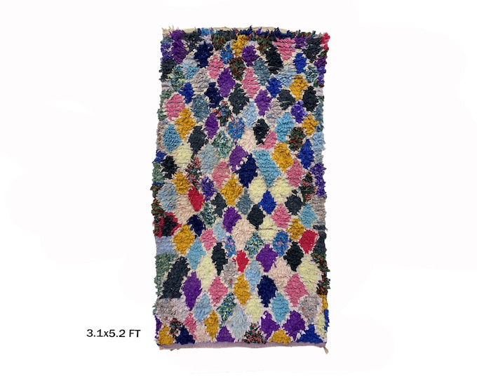 Boucherouite Moroccan Area Rug 3x5, small boho style.