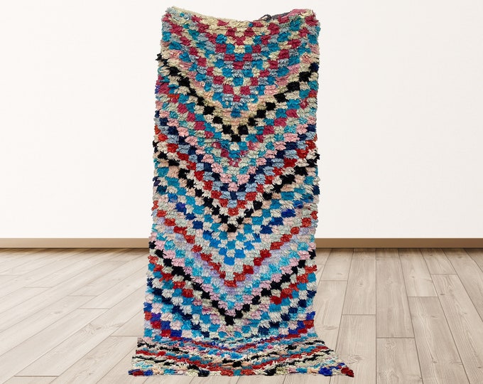 3x8 feet Boucherouite Moroccan vintage rugs, Boucherouite Vintage Moroccan Berber runner rug.