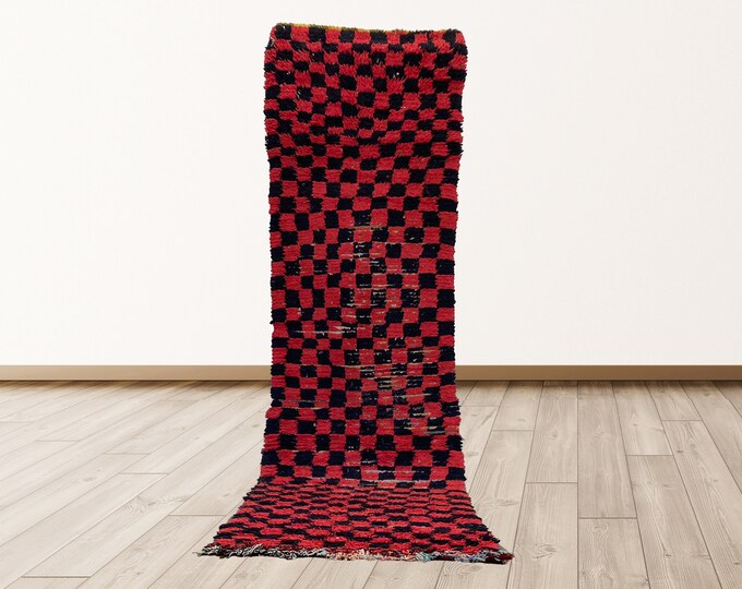 Moroccan red and black Vintage Azilal Rug, 3x10 feet Berber Moroccan vintage rugs