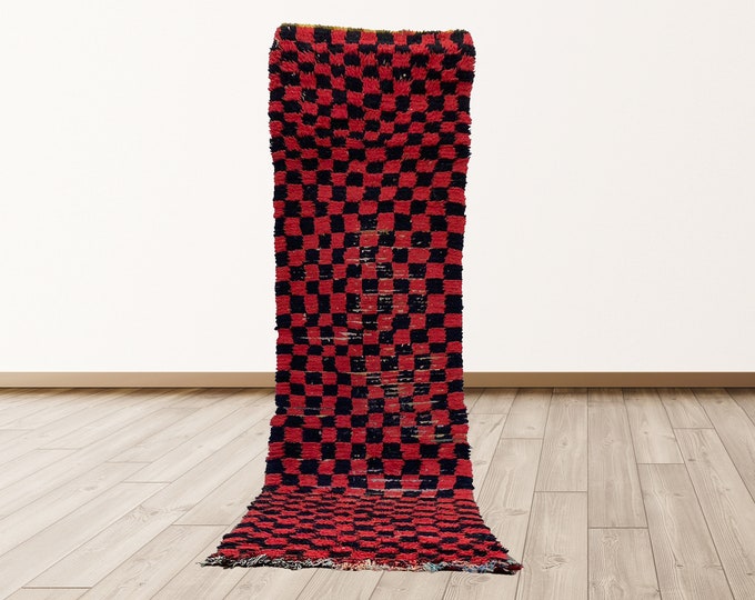 Moroccan red and black Vintage Azilal Rug, 3x10 feet Berber Moroccan vintage rugs