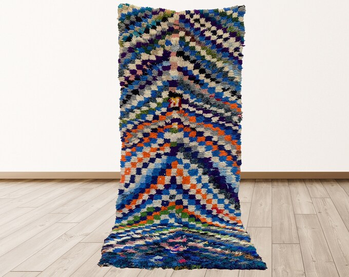 Checkered Vintage Colorful Azilal Moroccan 3x8 feet Rug, Berber Moroccan vintage rugs