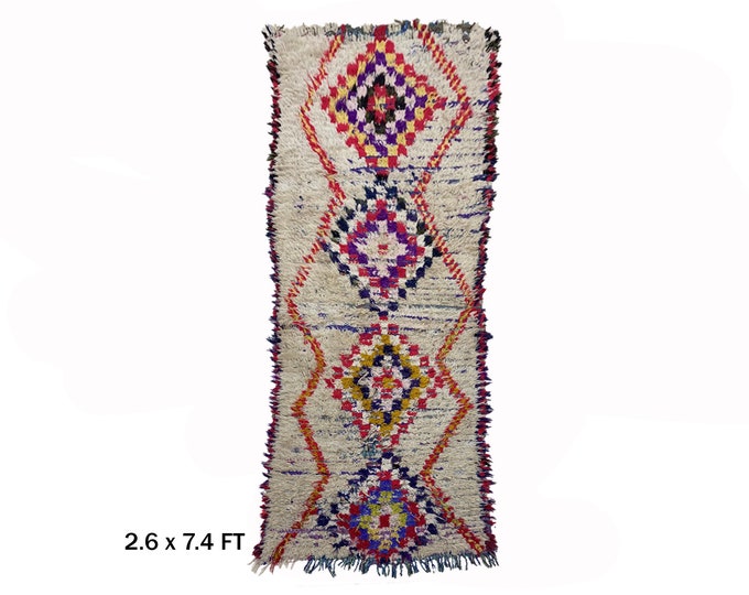 Moroccan Colorful Berber Runner Rug 3x7, Vintage Woven Rug.