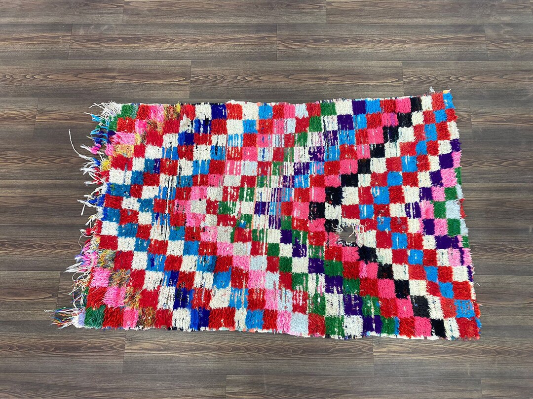 Vintage Checkerboard Berber Rug: 5x4 Ft Moroccan Shag Runner - Etsy