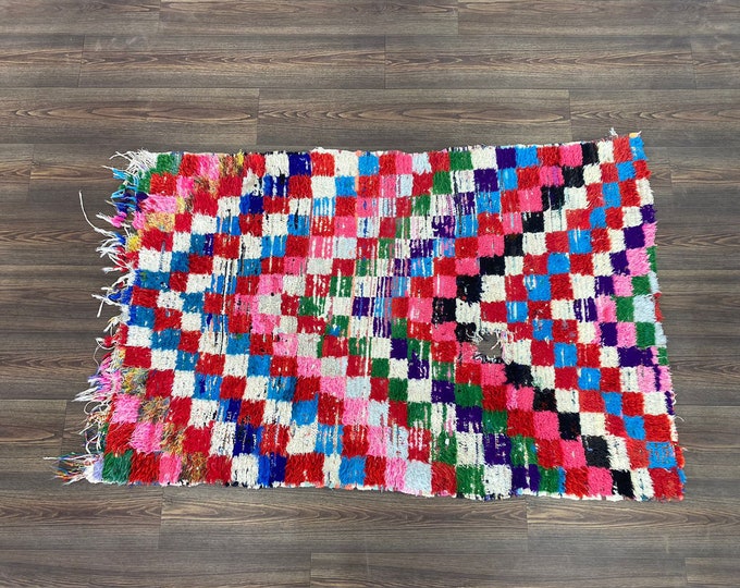 5x4 foot   Vintage checkerboard small runner rug, Vintage Moroccan Berber shag rug.