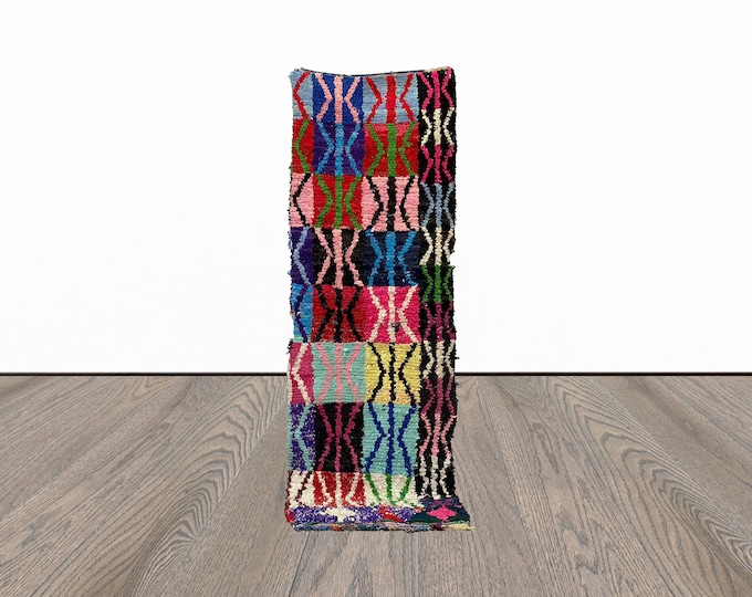 Boucherouite rug runner, 2x8 feet narrow rug runner, moroccan vintage runner rug.