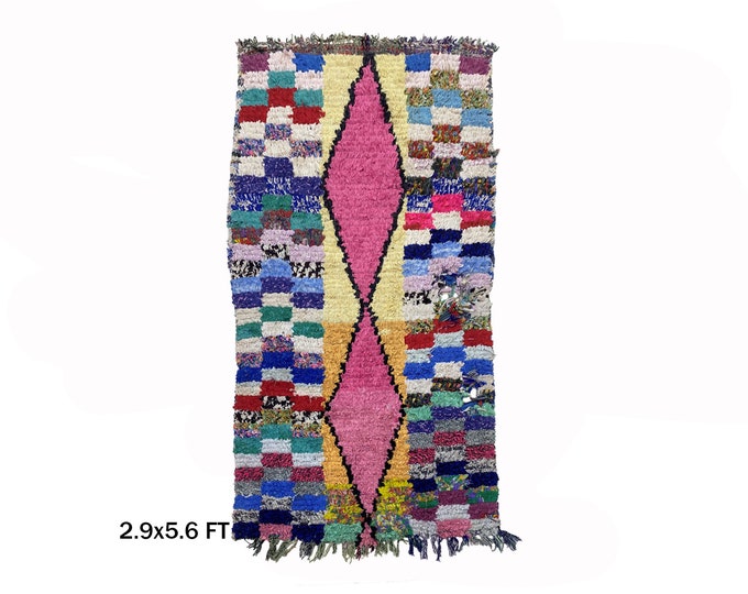Moroccan Vintage Boucherouite Rug 3x6- Unique Home Decor.
