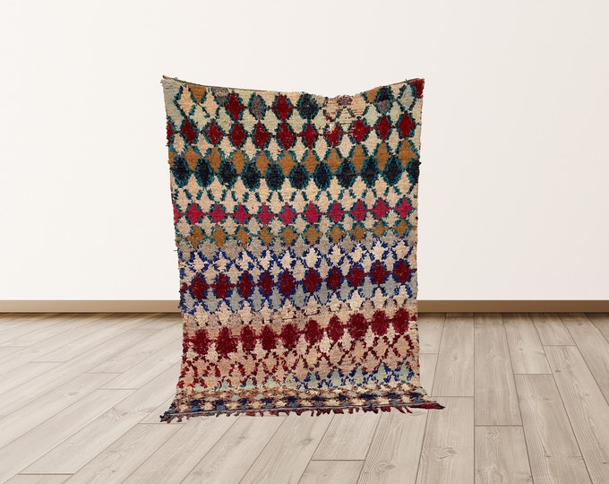 Boucherouite 4x6 ft Colorful Rug For Living Room, Moroccan Rug.