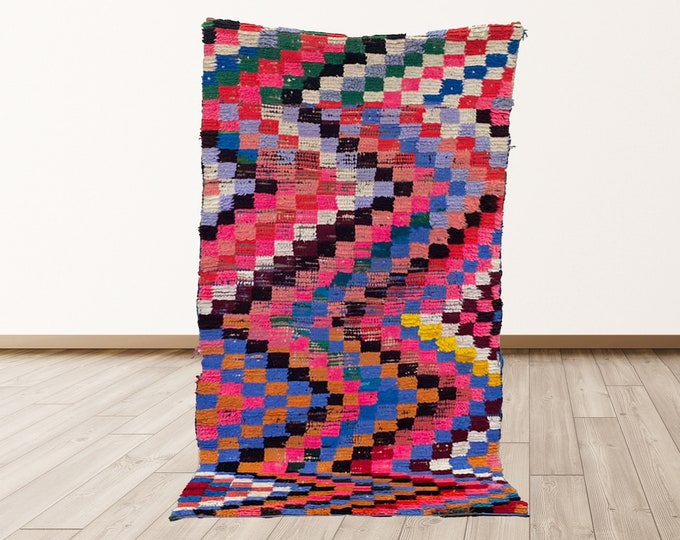 3x11 feet Vintage Colorful Azilal Moroccan Checkered Rug, Berber Moroccan vintage rugs