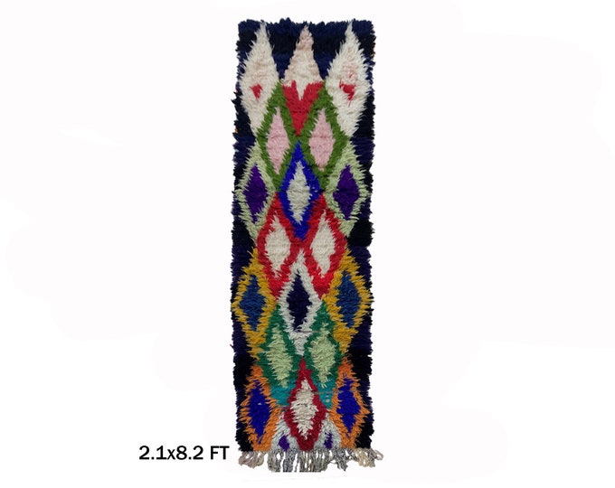 Moroccan Diamond Rug Runner 2x8, Unique Woven Runner.