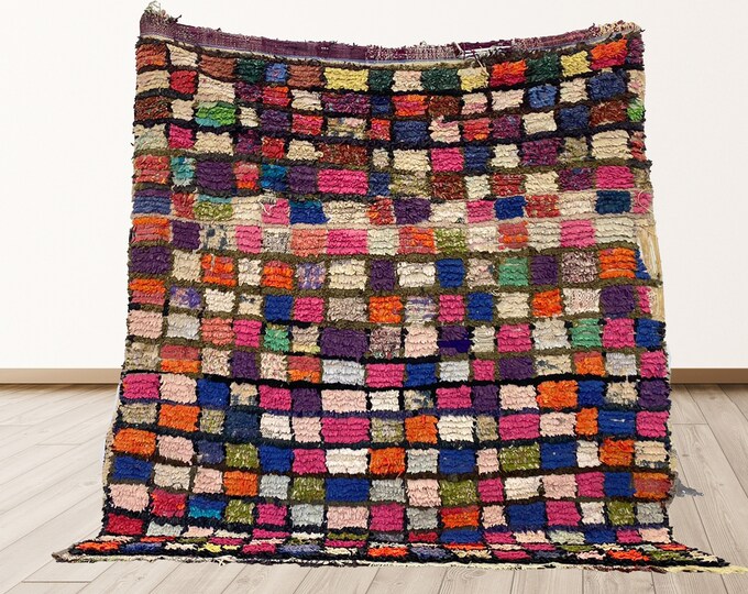 Azilal Moroccan vintage Berber wool rug, 5x5 feet Berber Bohemian shag area rugs.
