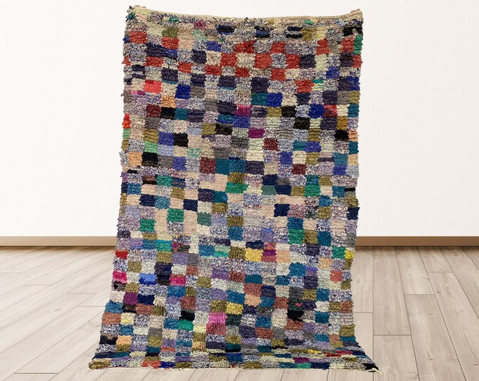 Boucherouite 4x6 feet Rugs tribal Morocco Azilal, Morrocan Berber Vintage Rug.