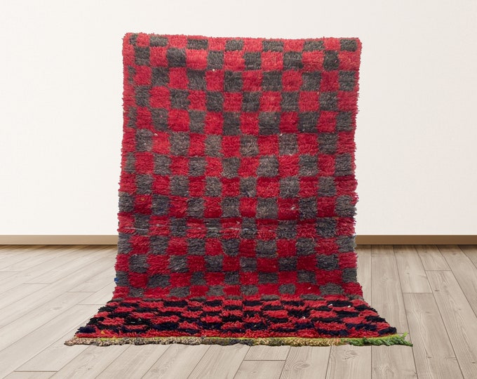 black and red rug, 4x6 ft checkerboard rug, moroccan checkered rug, vintage checkered rug.