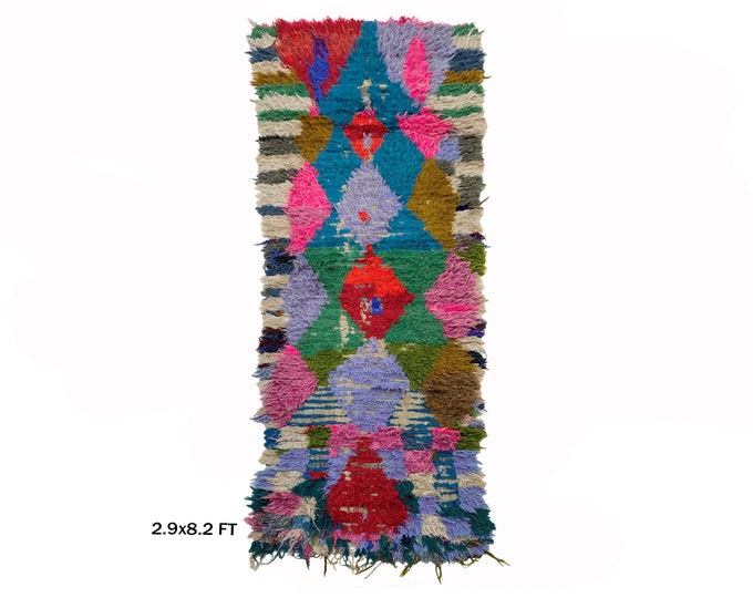 Moroccan Vintage Runner Rug 3x8, colorful boho rug.