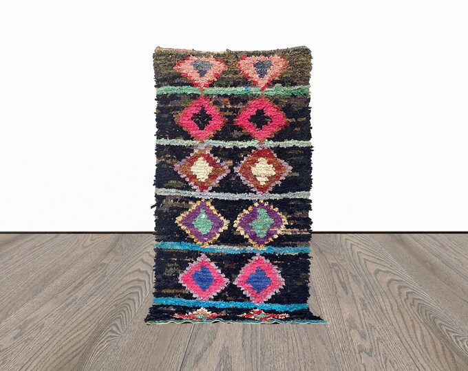 Vintage boucherouite rug, 3x7 feet moroccan area rug, tribal woven rug, unique berber rug.