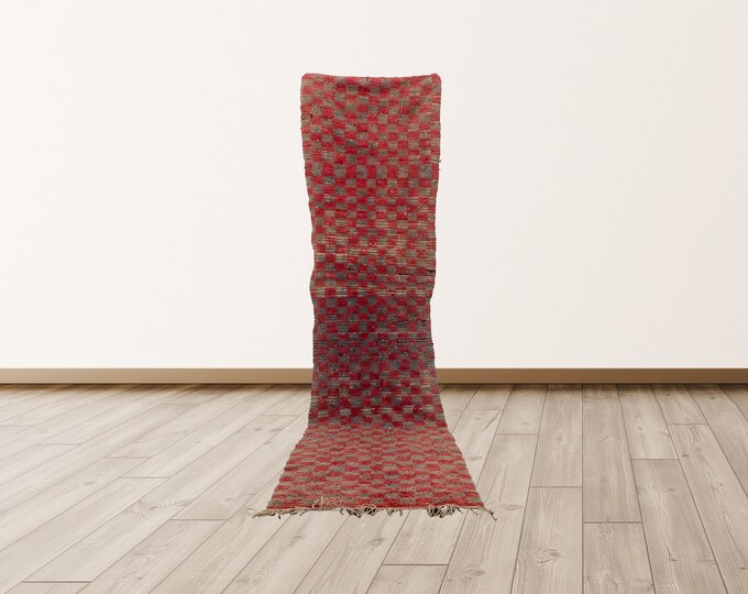 2x9 ft checkered berber azilal moroccan rug, vintage wool rug.