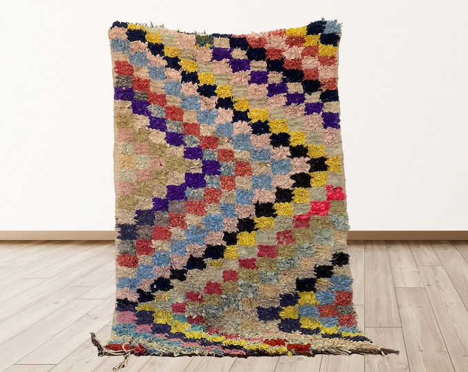 Boucherouite 3x5 feet Rugs tribal Morocco Azilal, Morrocan Berber Vintage Rug.