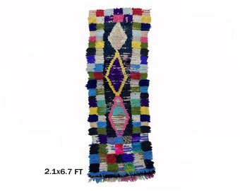 ヴィンテージ モロッコ ランナーラグ：7x2 レッドダイヤモンドラグ