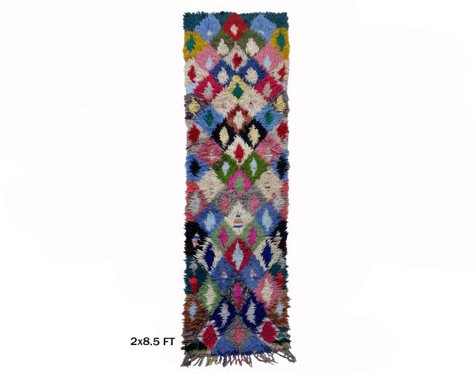 Diamond Vintage Moroccan Runner Rug 2x9, Soft And Cozy Rug.