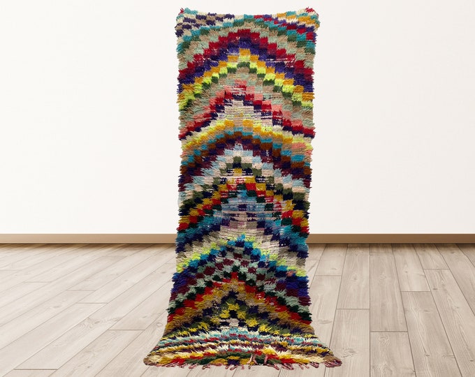 Azilal Checkered Vintage Moroccan 3x8 feet Rug, Berber Moroccan vintage rugs