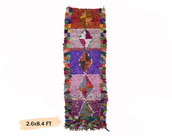 Colorful Boucherouite Moroccan Runner Rug 3x8 : Boho Vintage Decor.