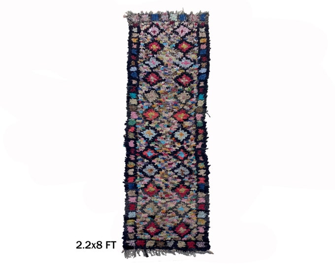 Moroccan Boucherouite Runner Rug 2x8: Vintage Colorful Boho Rug.