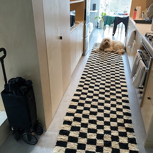 Narrow Moroccan checkered runner rug Black and Off-white