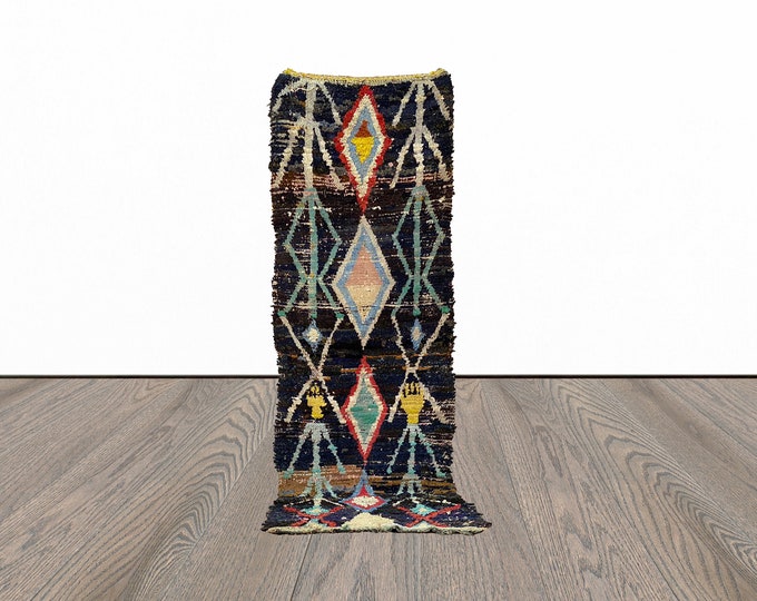 Black boucherouite runner rug, 3x10 ft berber runner rug, entryway runner rug, vintage runner rug.