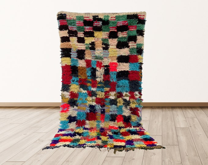 Colorful Berber Moroccan vintage rug 4x7: shaggy area rug.