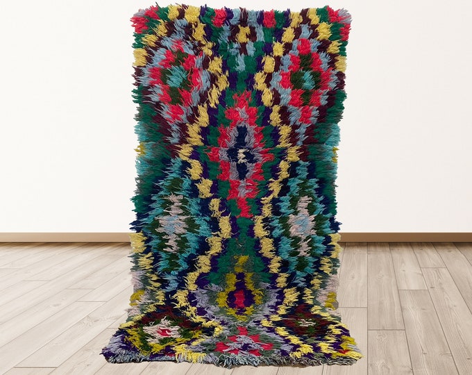 colorful Moroccan Berber vintage 2.5x5 feet shag rug runner.