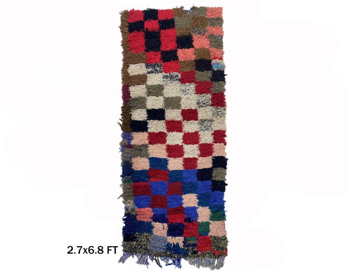 Checkerboard Pattern Vintage Moroccan Berber Rug 3x7.