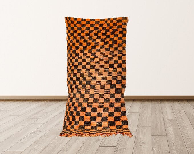 3x6 Moroccan checkered vintage rug , Moroccan orange and black rug!