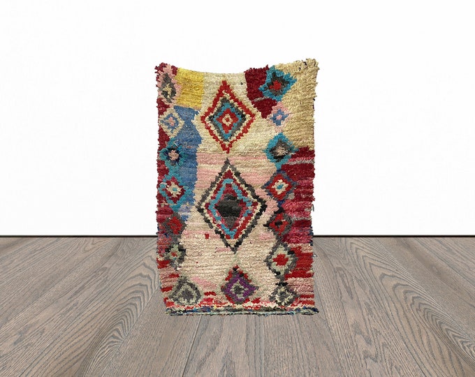 Boucherouite moroccan area rug, 4x7 feet vintage woven rug, unique berber rug, tribal area rug.