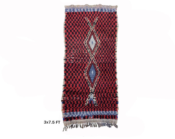 Checkered Moroccan Rug Runner 3x8- Vintage Home Decor.