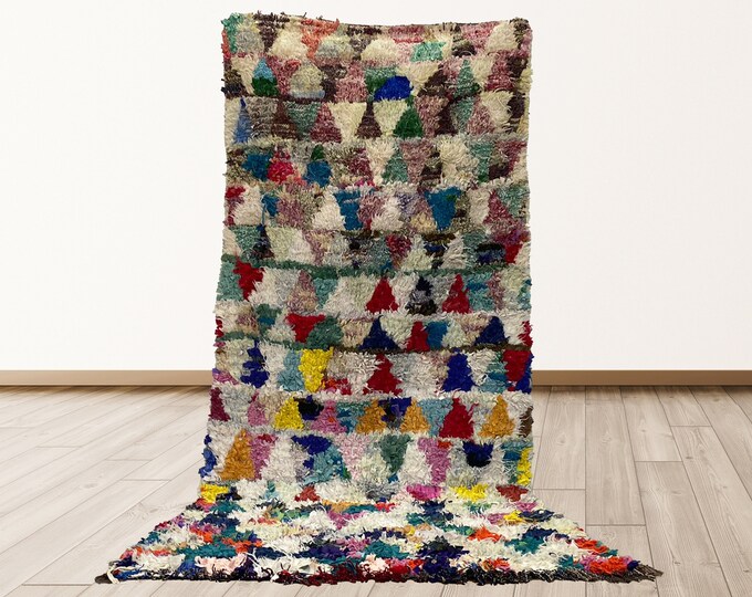 9x4 feet Berber Boucherouite Vintage Moroccan Tribal Azilal small shag Rug.