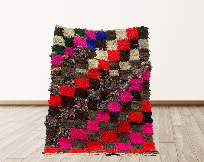 4x5 ft small checkered tribal Moroccan vintage rug.