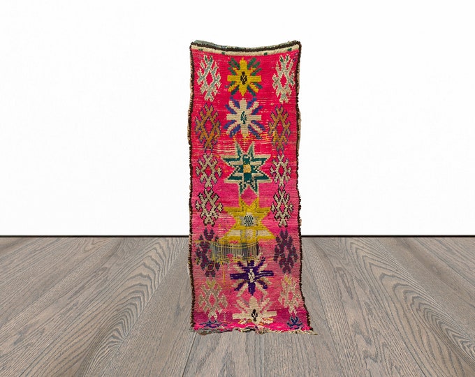 Pink moroccan runner rug, 3x7 feet vintage runner rug, beautiful woven runner rug, unique runner rug.