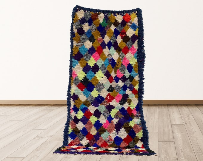 Vintage Colorful Moroccan Azilal runner Rug, 3x6 feet Berber runner Rug.