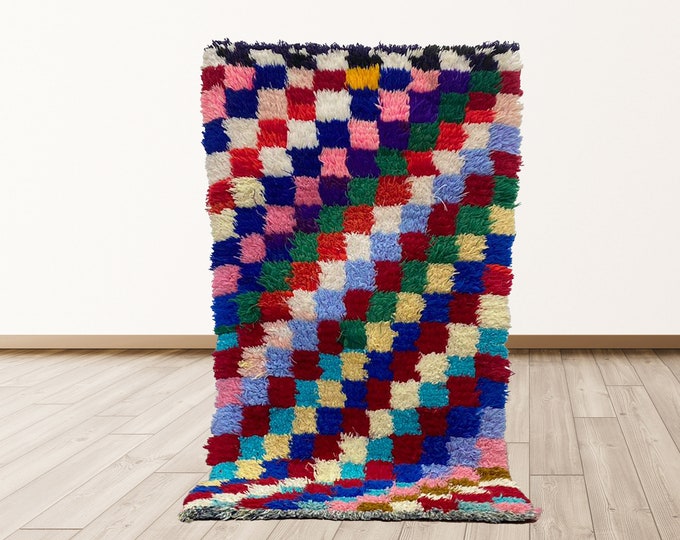 Checkered Vintage Colorful Azilal Moroccan 2x4 feet Rug, Berber Moroccan vintage rugs