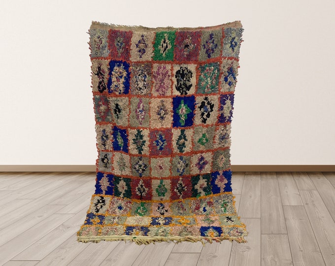 Boucherouite Vintage Moroccan Berber rugs, vintage Moroccan tribal boucherouite rug, 6x3 ft vintage moroccan rugs.