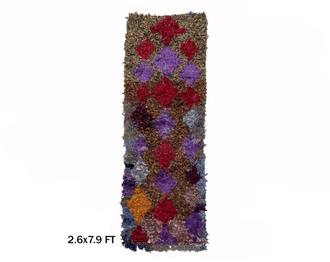 Vintage Moroccan Runner Rug 3x8, Boucherouite rug.