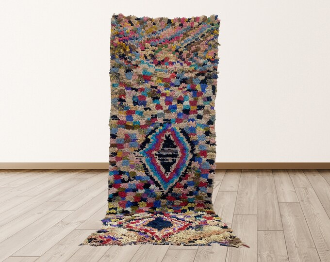 Boucherouite Vintage Morrocan 3x8 feet Tribal Azilal Berber Rug.