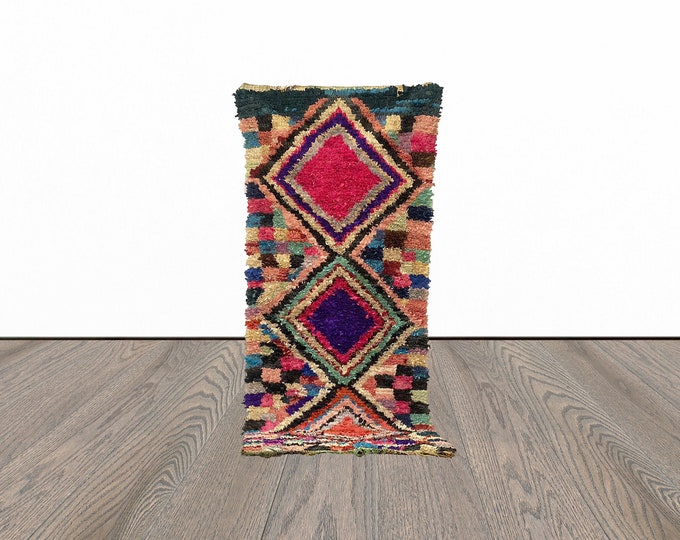 Boucherouite area rug, 3x9 feet colorful moroccan rug, vintage woven rug, berber azilal rug.
