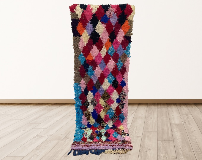 2.5x7.5 feet Boucherouite Rugs tribal Morocco Azilal, Morrocan Berber Vintage Rug.