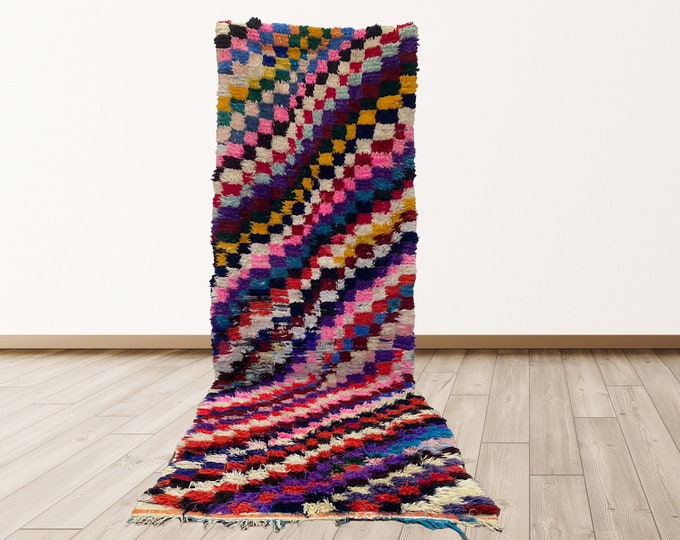 3x11 feet Vintage Colorful Azilal Moroccan Checkered Rug, Berber Moroccan vintage rugs