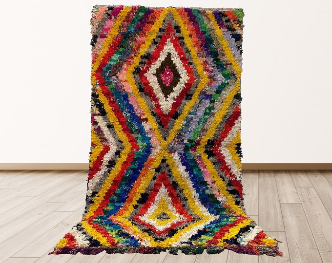 5x9 feet Berber Boucherouite colorful Vintage Moroccan Tribal Azilal shag Rug.
