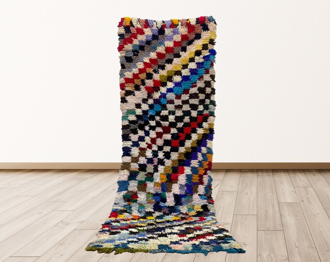Checkered Vintage Colorful Azilal Moroccan 3x9 feet Rug, Berber Moroccan vintage rugs